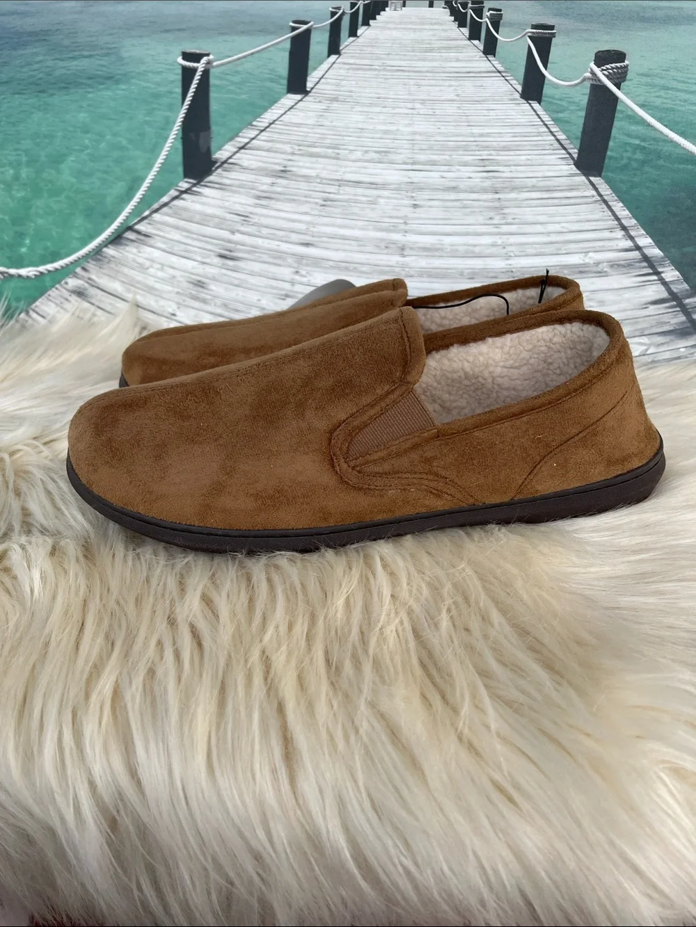 George Men's Tan Brown Suede-Look Fleece Lined Slip-On Slippers
